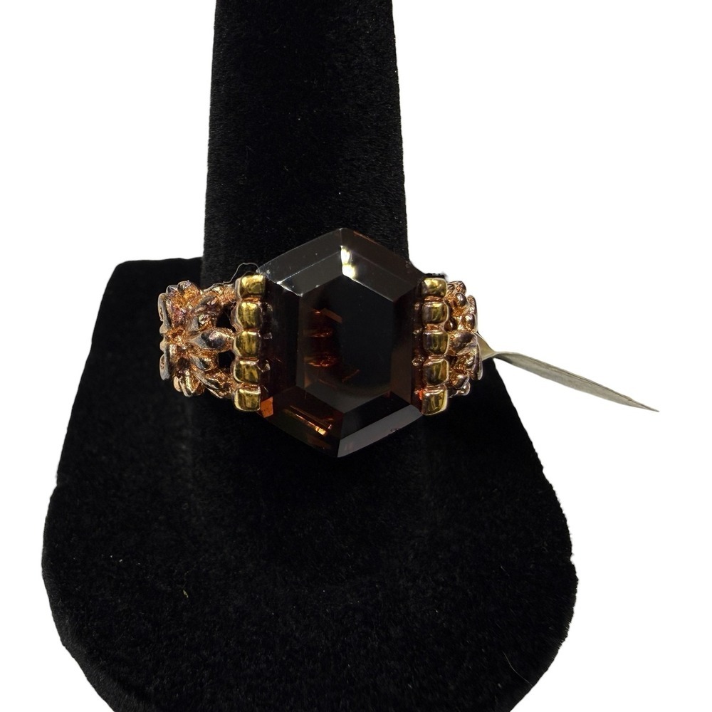 Fashion Statement Large Hexagonal Smoky Brown Glass Stone Ring Gold Tone Size 8